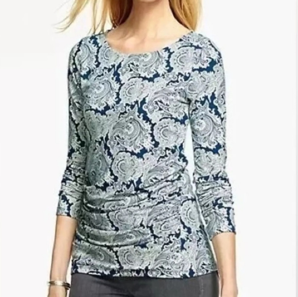 Talbots Womens Blue‎ Tan Paisley Blouse Size XL Ruched Sides Long Sleeve Keyhole